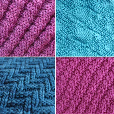 Collection of four diagonal knit stitch patterns in blue and purple yarn colors.