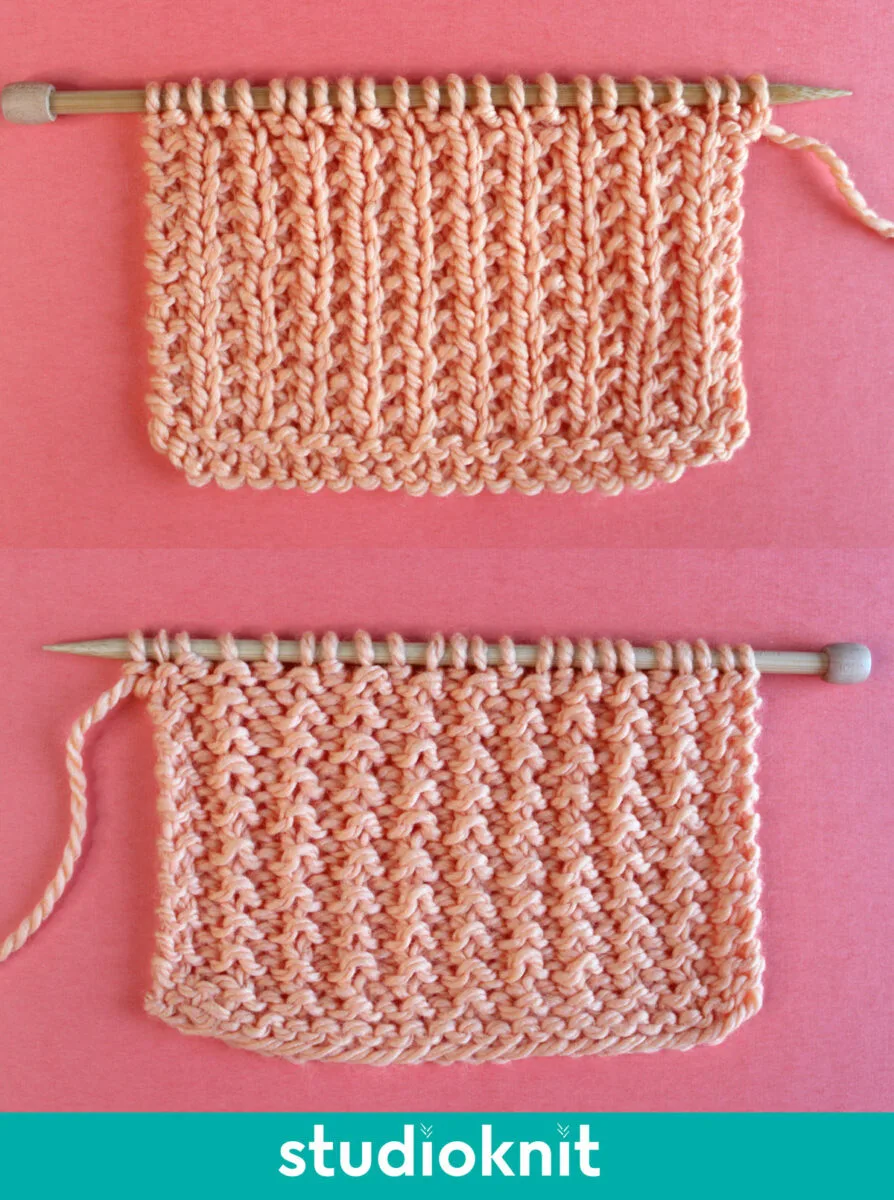 Broken Rib Stitch Knitting Pattern swatch on both the right and wrong sides on needle.