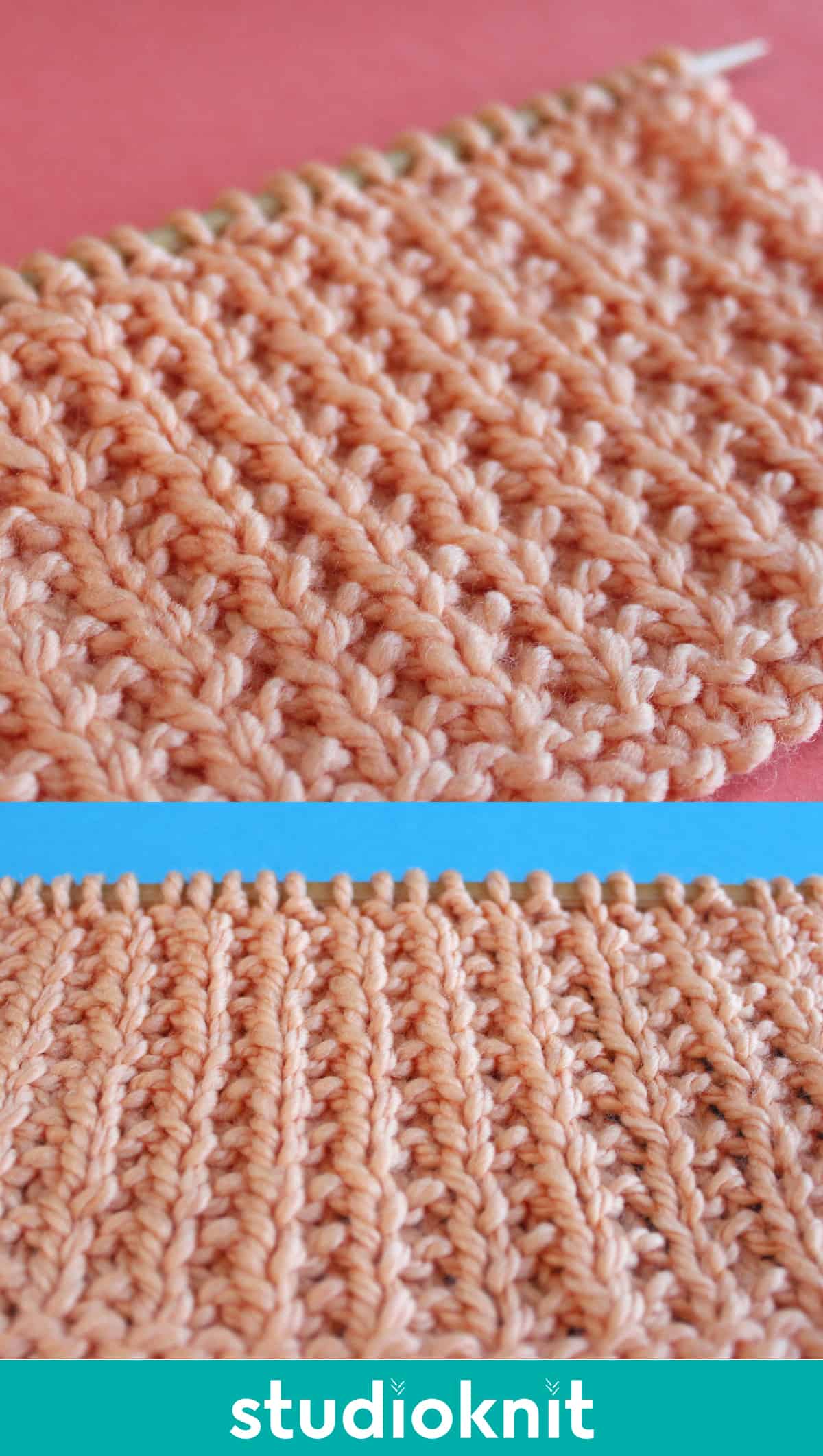 Two Close-ups of Broken Rib knitting swatch texture.