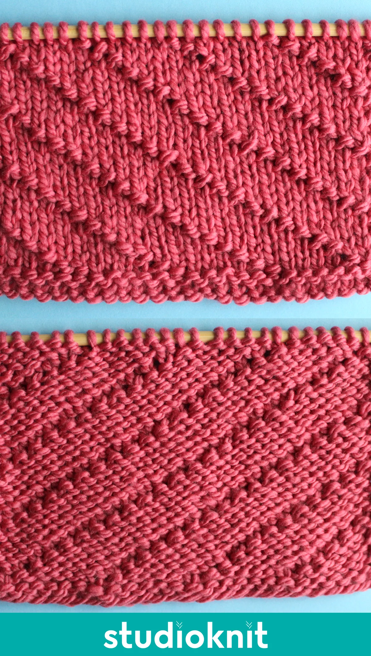 Diagonal Seed Knit Stitch Pattern right and wrong sides in pink yarn.
