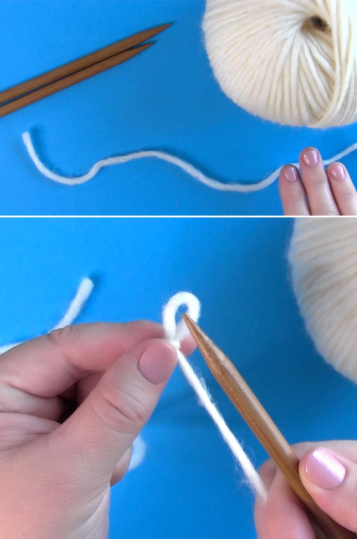 Yarn, knitting needles, and hands preparing to cast on stitches with yarn tail on the left and ball on the right, then make a slip knot.