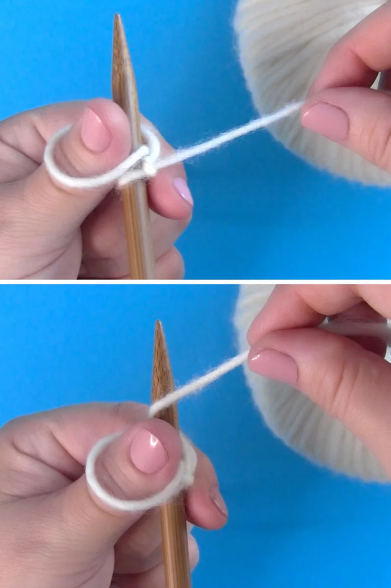 Holding the needle with your left hand and wrapping the working yarn around the needle counter-clockwise with your right hand for the cast on thumb method.
