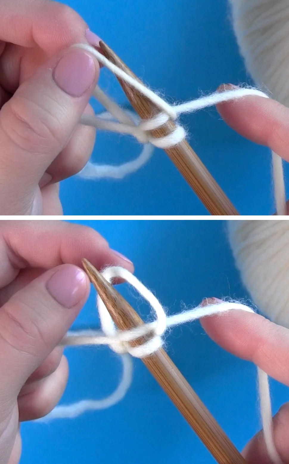 Passing yarn loop over the tip of the knitting needle to cast on with the thumb method.