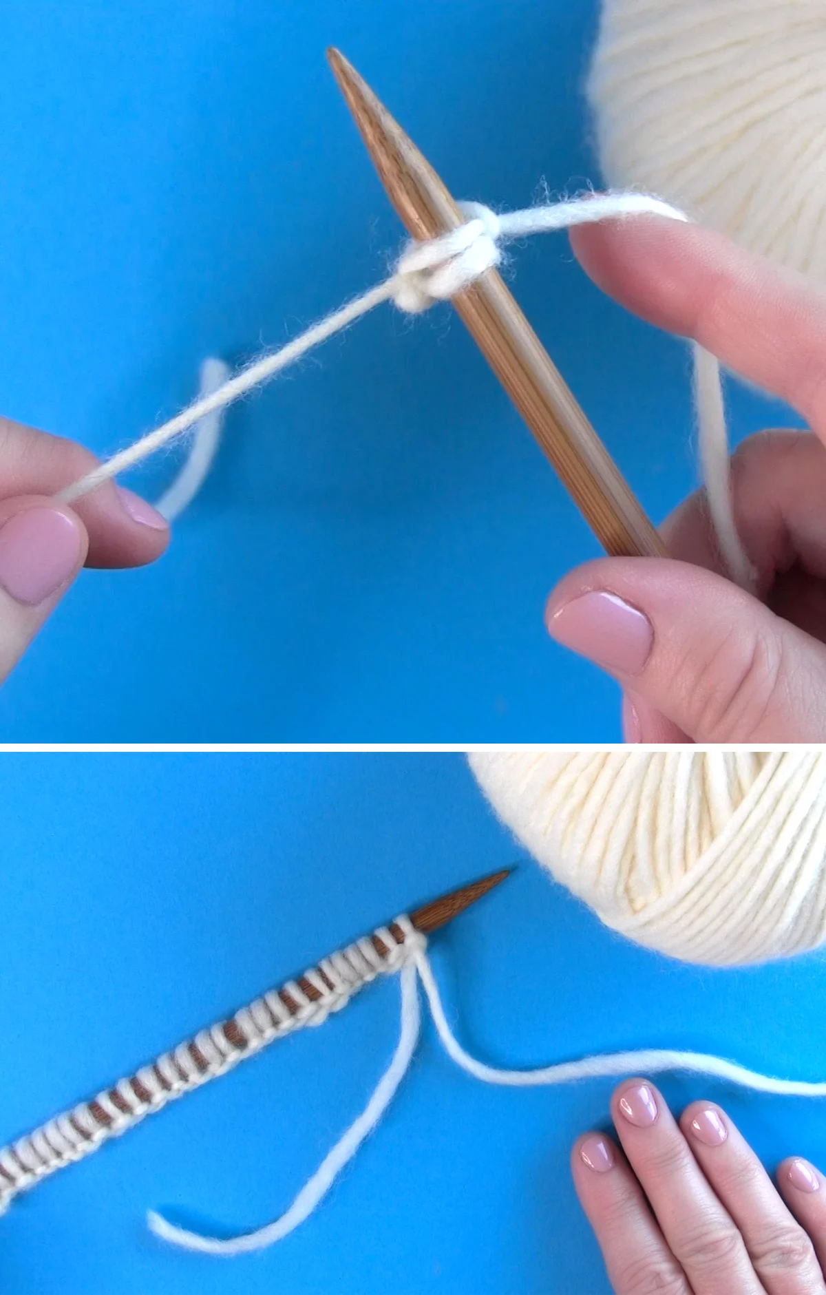 Tightening the Cast On Thumb Method of yarn around knitting needle.