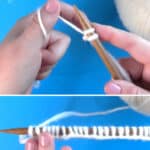 Cast On Thumb Method demonstrated with hands, knitting needle, and yarn.