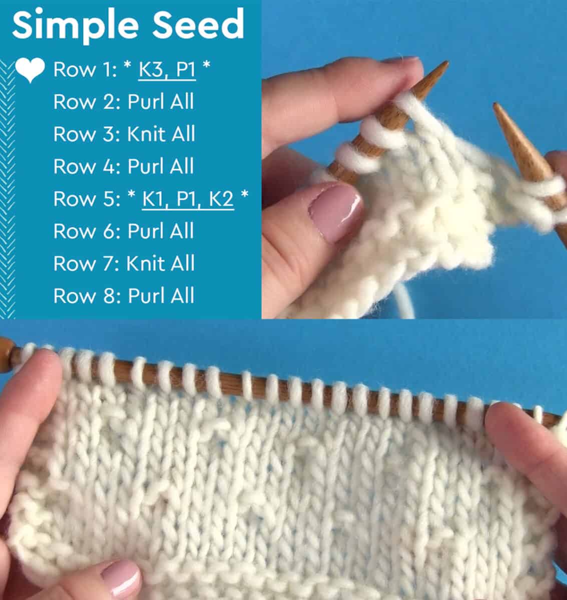 Simple Seed Knit stitch pattern in white yarn on needles.
