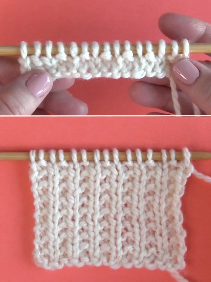 Hands holding stitches on knitting needle with Broken Rib pattern.