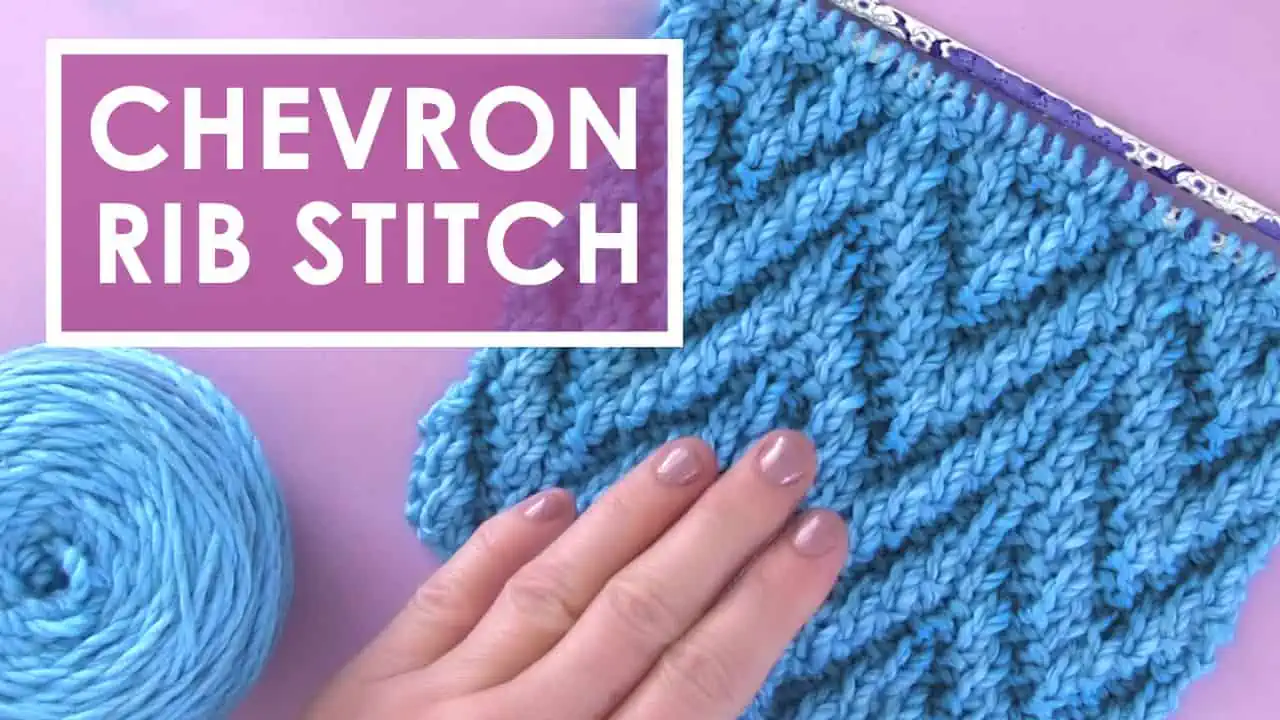 Chevron Rib Knit Stitch Pattern in blue yarn color with woman's hand.