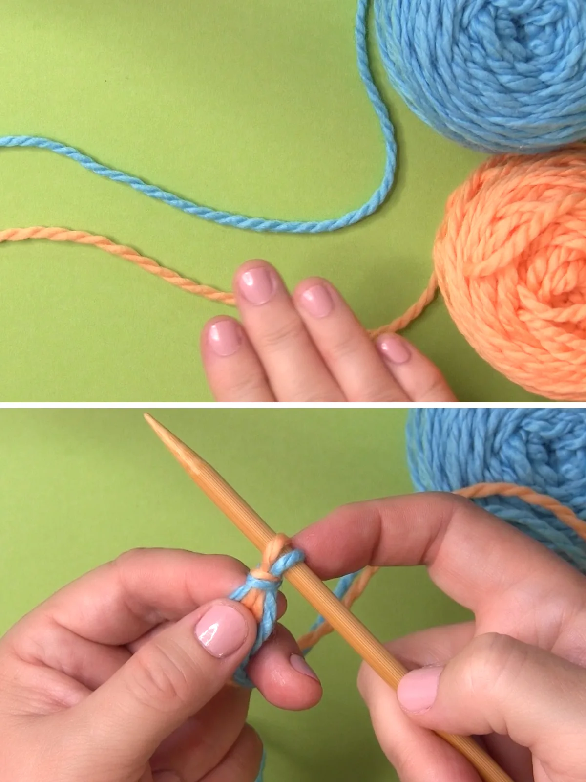 Hands casting on two yarn colors onto a knitting needle.