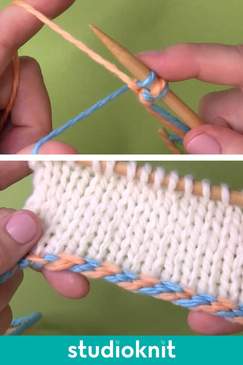 Hands demonstrating the 2-Color Cast On Braided Edge technique with yarn and knitting needles.