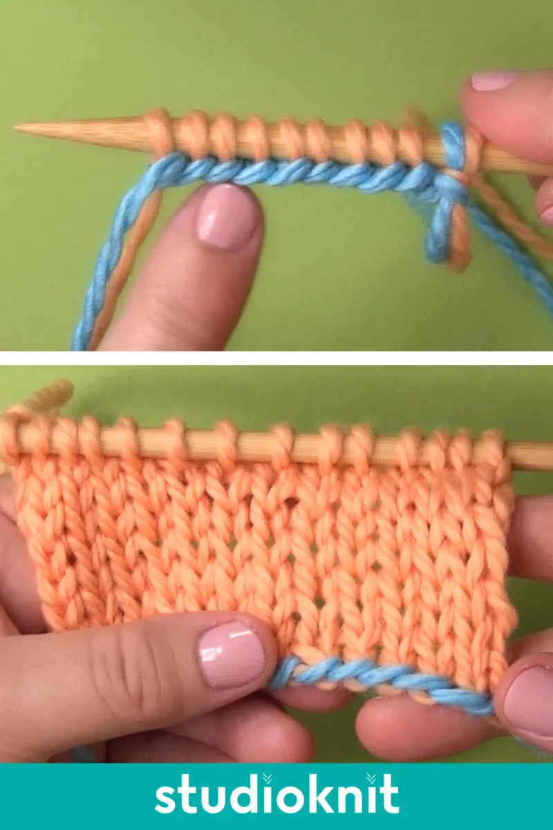 Hands demonstrating the 2-Color Cast On Contrast Edge technique with yarn and knitting needles.