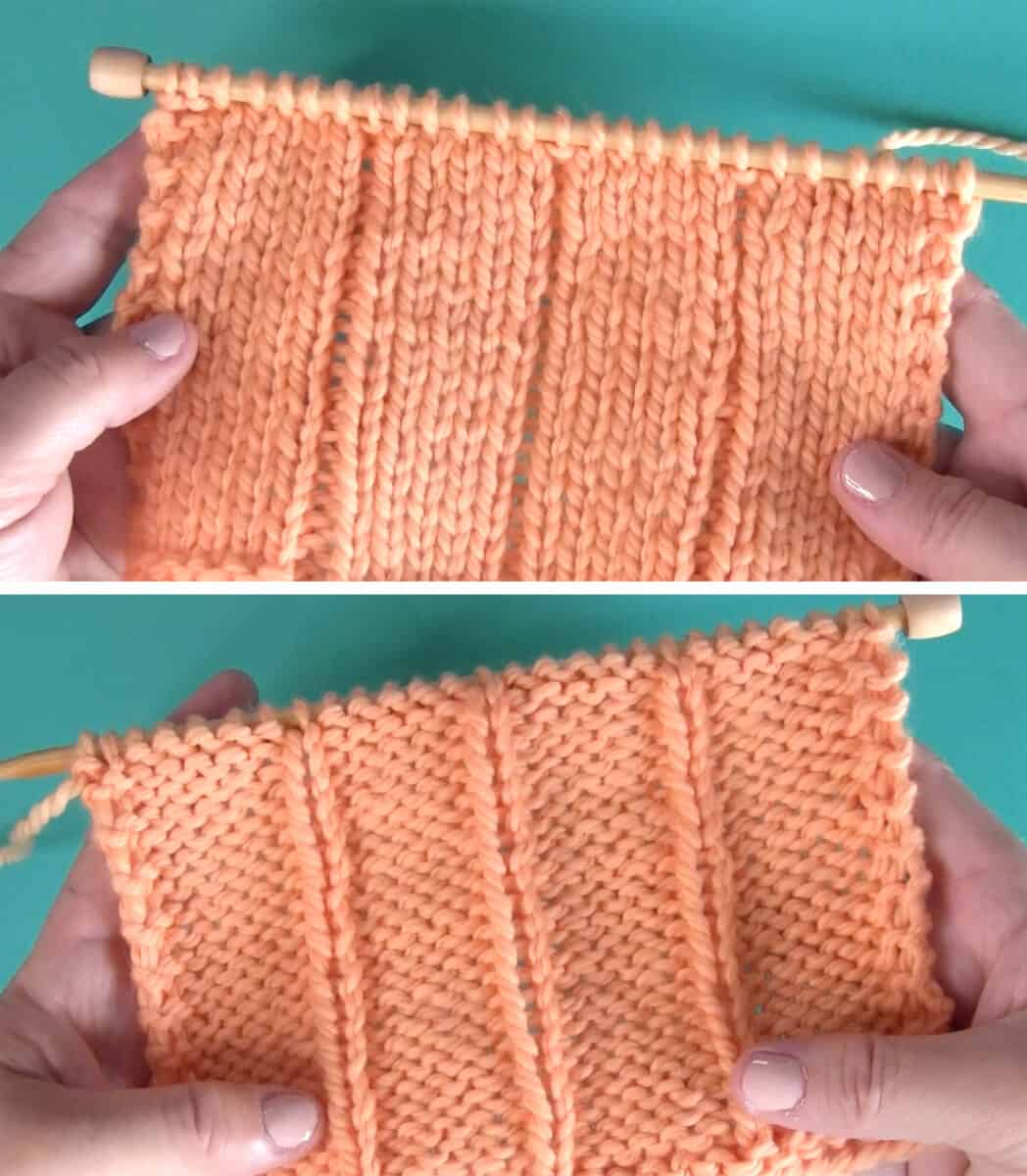 Right and Wrong sides of the 5x1 Flat Rib Stitch knitting pattern in orange color yarn.