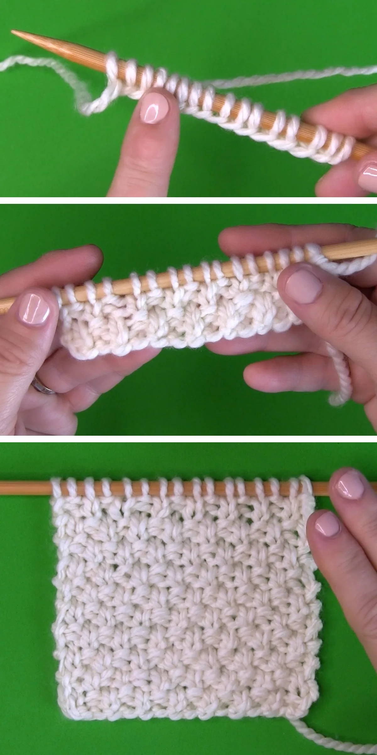 Hands demonstrating steps to knitting the Irish Moss Stitch with needles and yarn.
