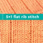 5x1 Flat Rib Stitch texture in orange color yarn on knitting needle.
