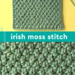 Irish Moss Knit Stitch pattern close-up in green yarn on knitting needles.