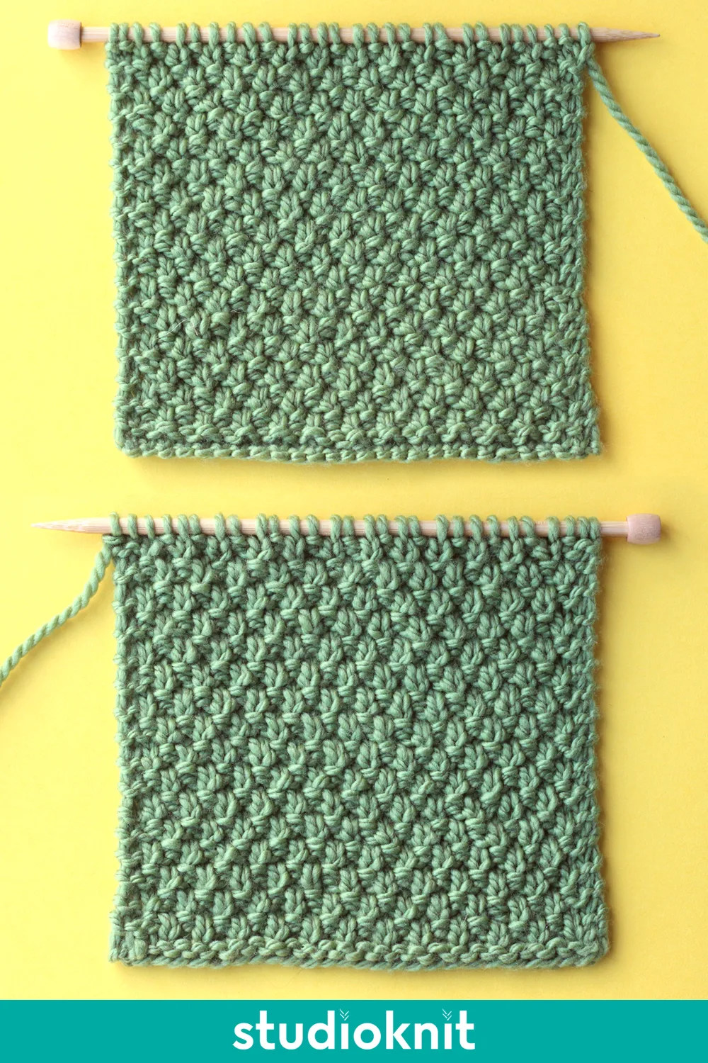 Right and wrong sides of the Irish Moss Knit Stitch Pattern in green color yarn on knitting needle.