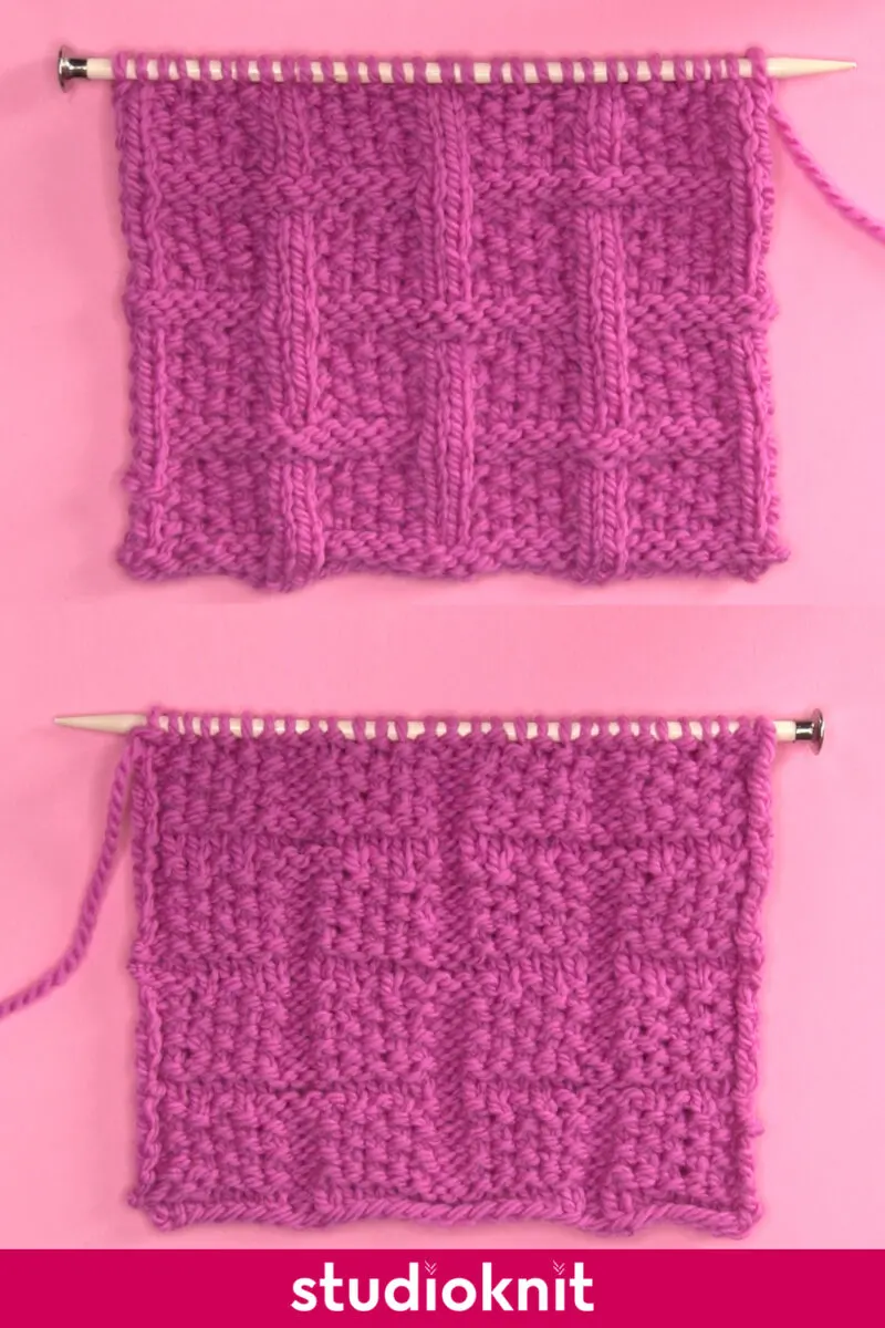 Lattice Seed Stitch knitting pattern with both right and wrong sides displayed on knitting needles.