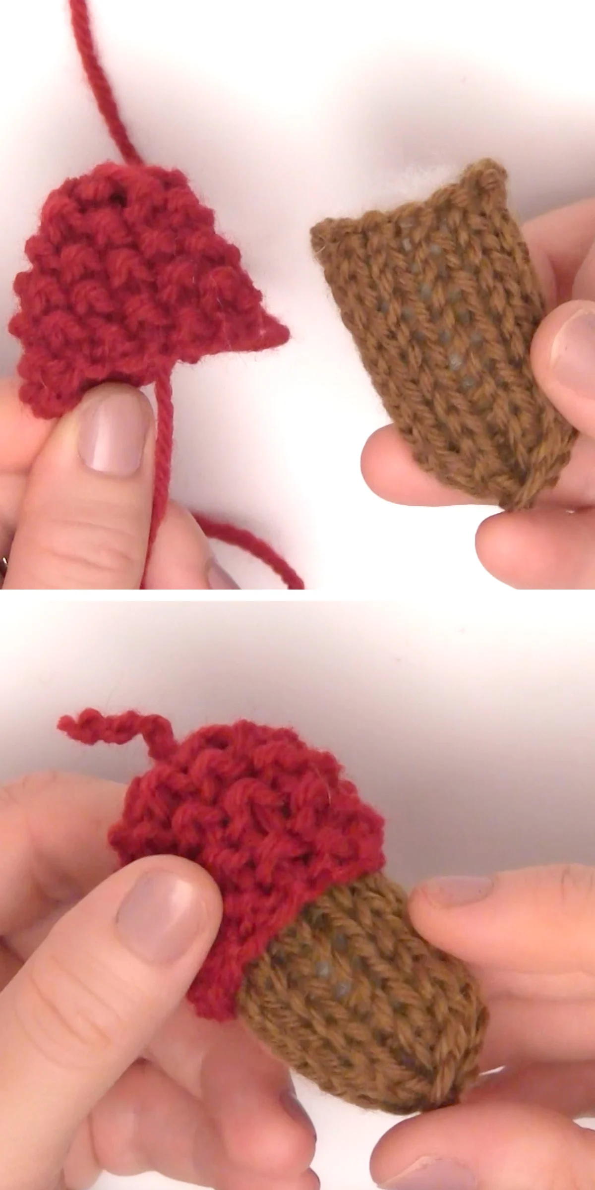 Attaching knitted body and cap of acorn softies.