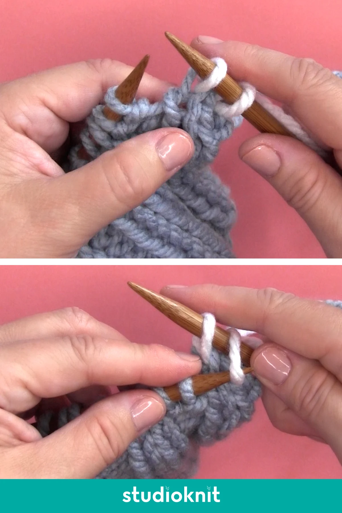 Demonstration of casting off knitwise with hands, yarn, and knitting needles.