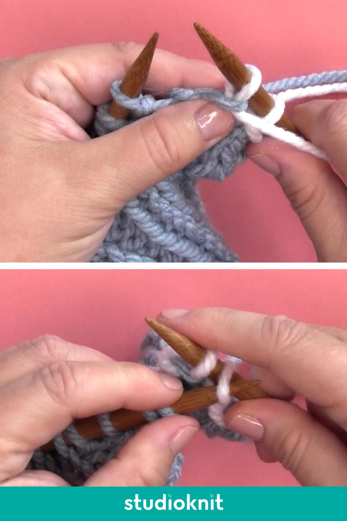 Demonstration of casting off purlwise with hands, yarn, and knitting needles.