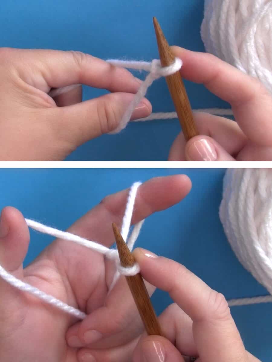 Slip Knot on knitting needle and slingshot hold with white yarn.