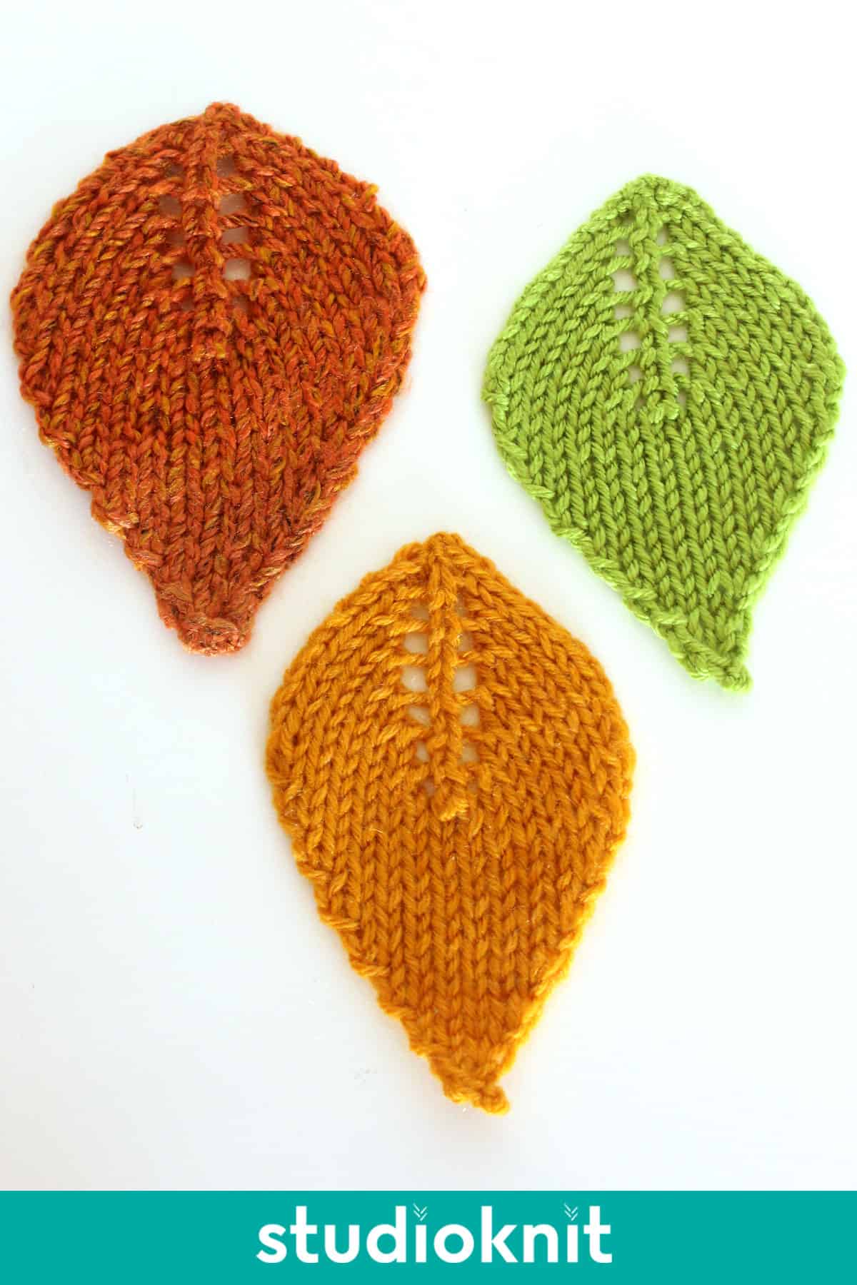 Knitted leaf shapes in stockinette stitch.