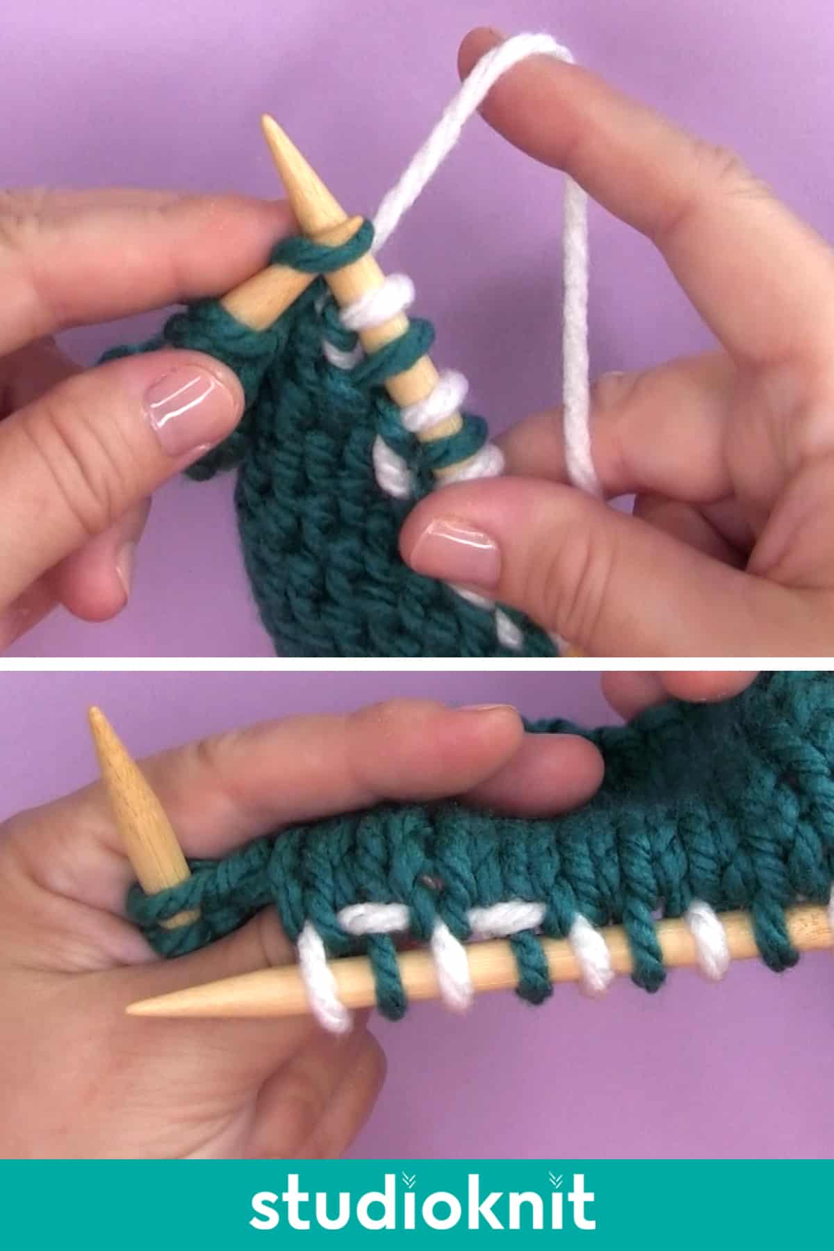 Demonstration of Slip a Stitch Knitwise on a Purl Row with Yarn in Back.