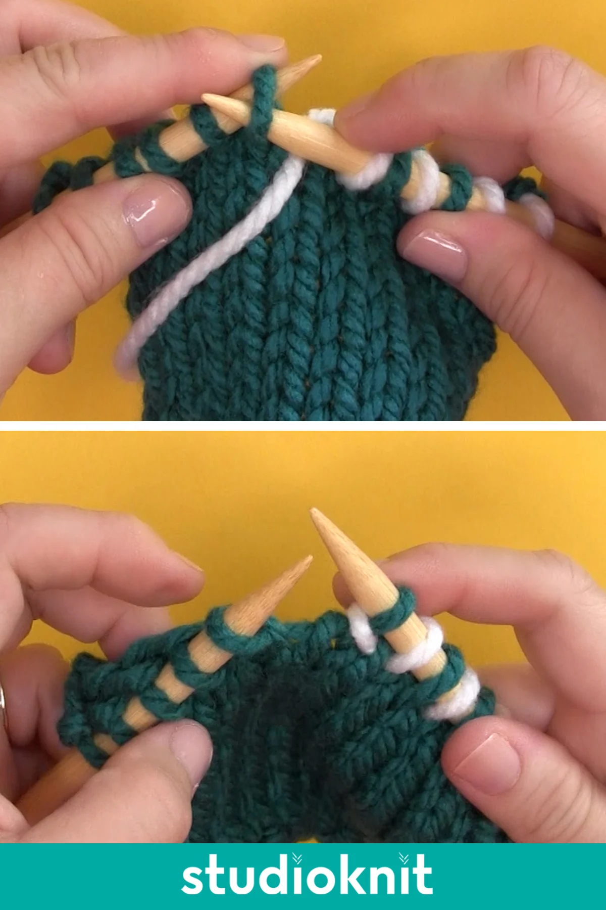 Demonstration of Slip Stitch technique Purlwise on Knit side with yarn in front.