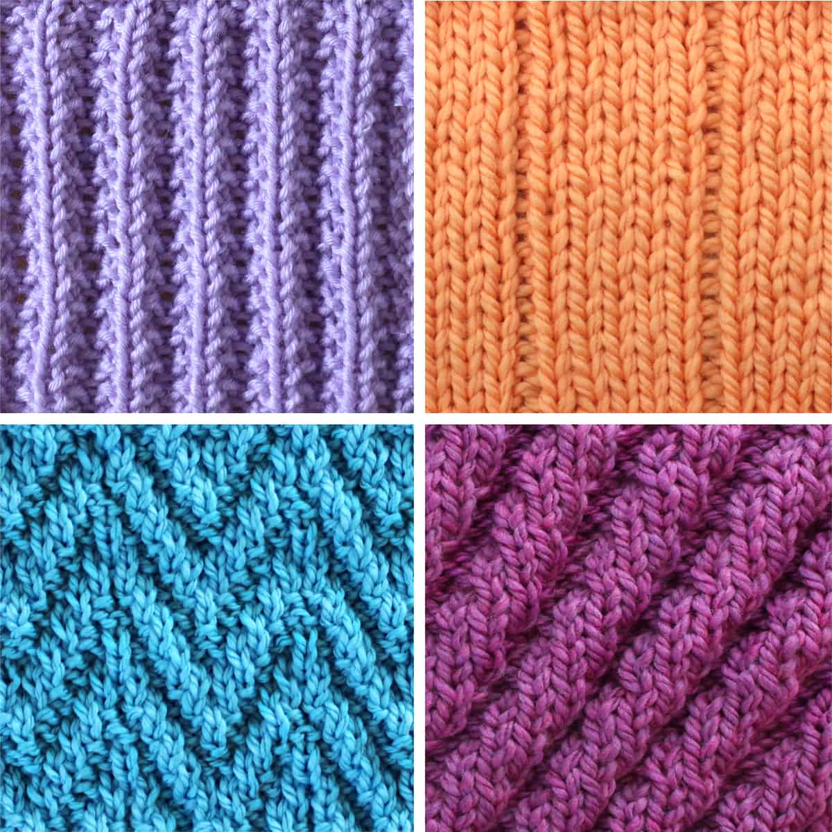 Collection of four ribbed knit stitch patterns in blue, orange, and purple yarn colors.