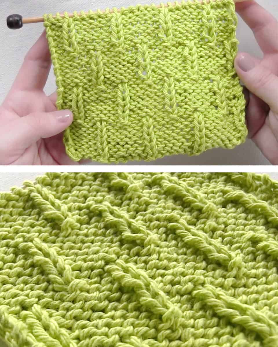 Hands holding swatch of Caterpillar Knit Stitch Pattern in green color yarn.