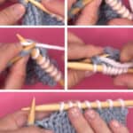 Step-by-Step demonstration of how to knit two stitches together with knitting needles, yarn, and hands.