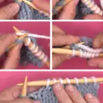 Step-by-Step demonstration of how to knit two stitches together with knitting needles, yarn, and hands.