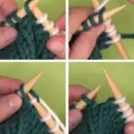 Four steps demonstrating the KTBL Knit Through the Back Loop technique with hands, yarn, and needles.