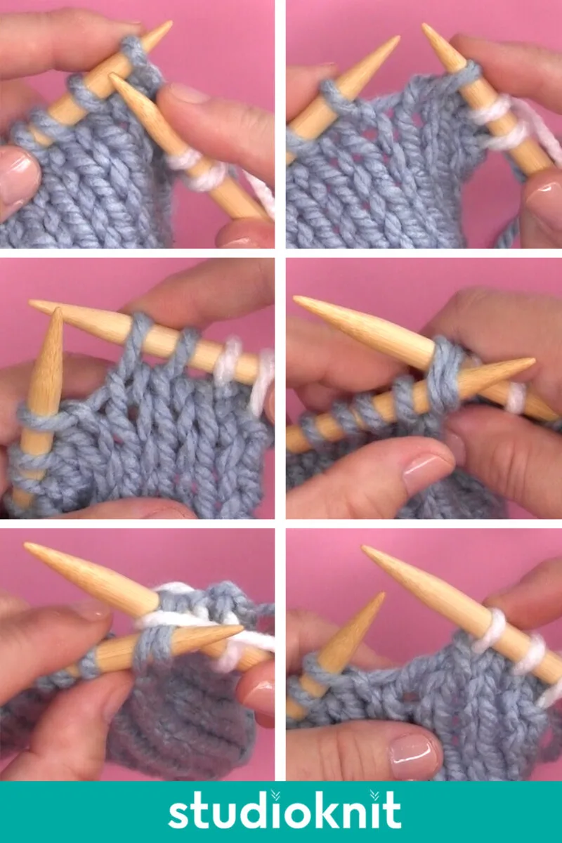 Step-by-Step demonstration of the SSK Slip Slip Knit knitting technique with hands, knitting needles, and yarn.