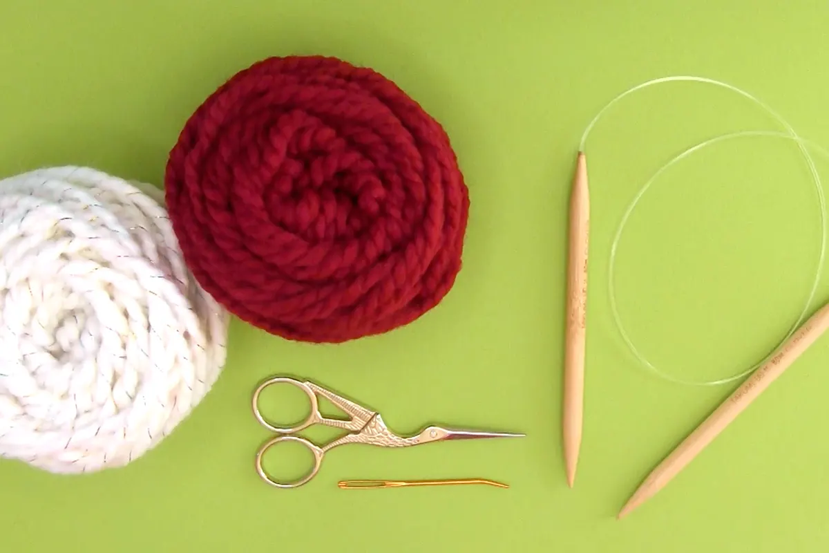 Knitting materials of yarn, scissors, tapestry needle, and circular needle.