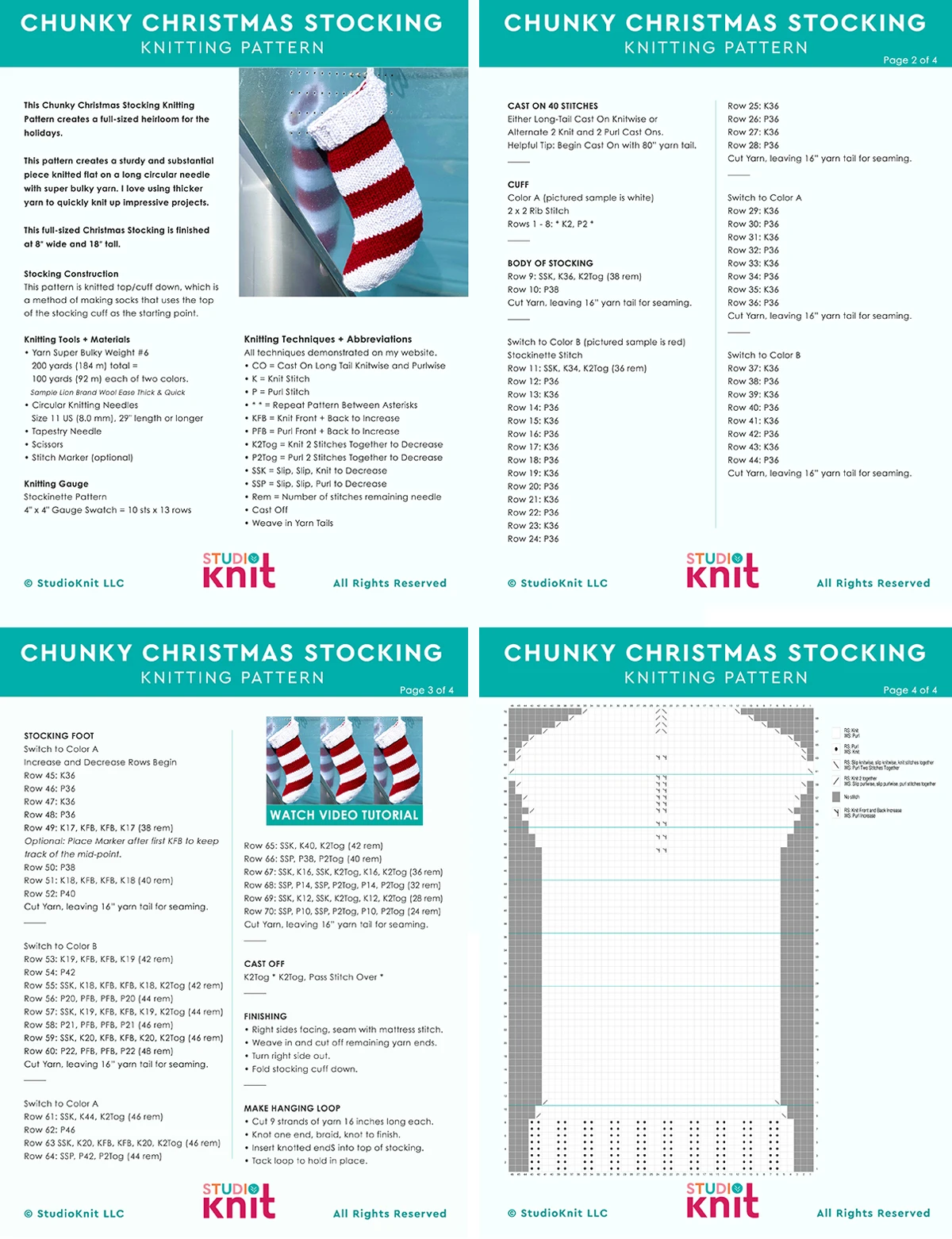 Four pages of Printable Knitting Pattern for Chunky Christmas Stocking by Studio Knit.