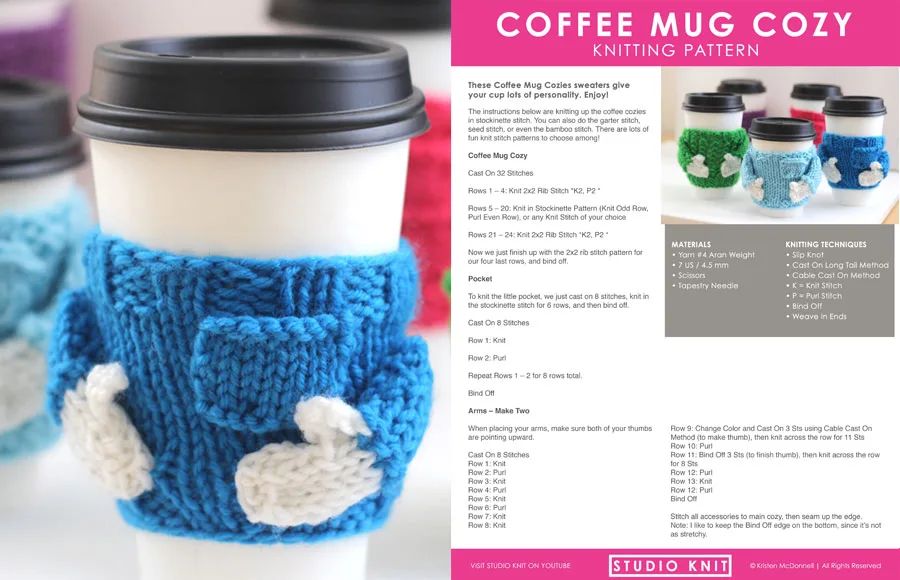 Coffee Mug Cozy printable knitting pattern by Studio Knit. 