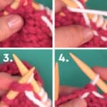 Four steps demonstrated to P2Tog decrease for knitting.
