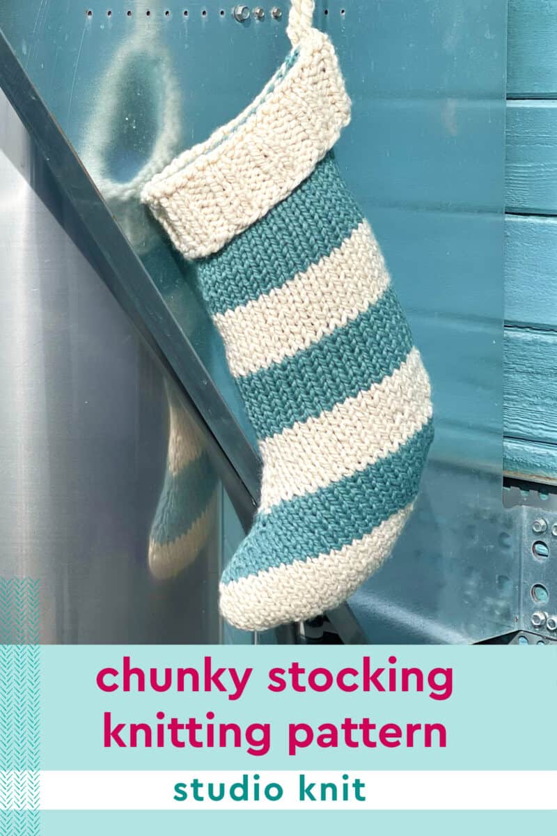 Chunky Stocking Knitting Pattern with blue and white stripes.