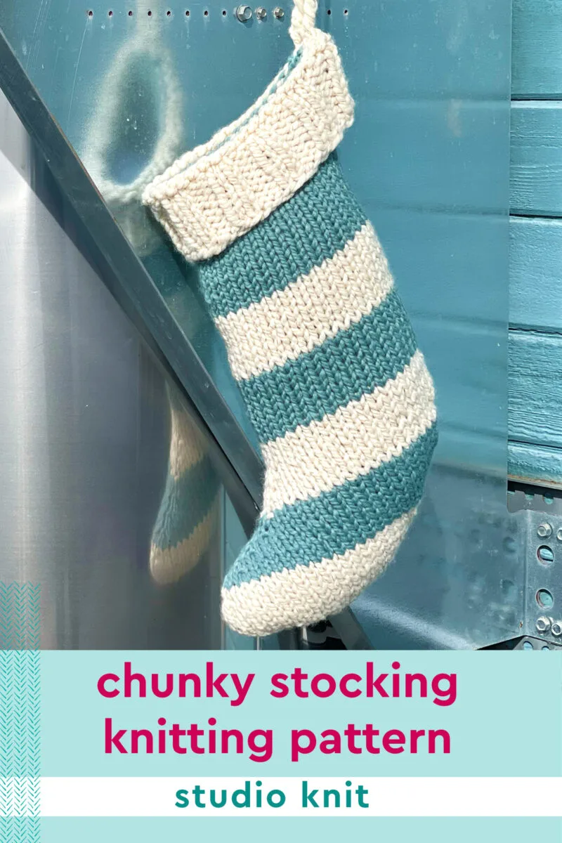 Chunky Stocking Knitting Pattern with blue and white stripes.