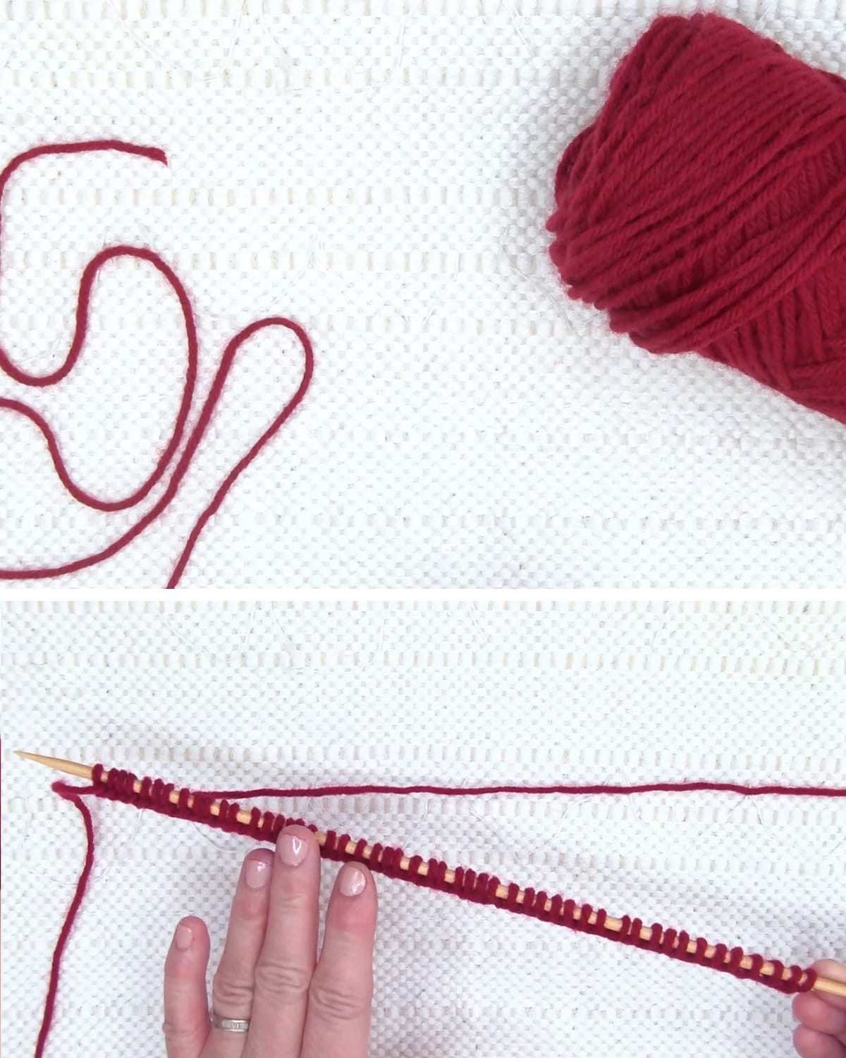 Casting on 50 stitches onto a knitting needle in burgundy color yarn for a scarf.