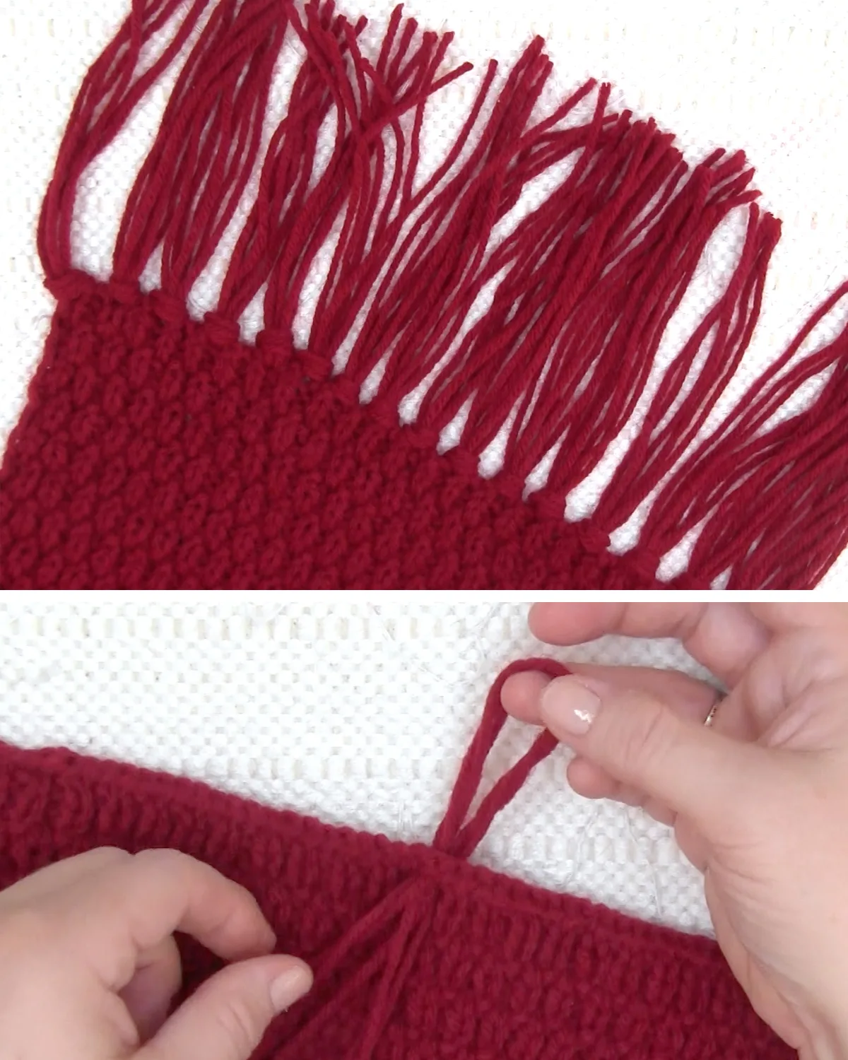 Fringe tassels in yarn on knitted scarf.