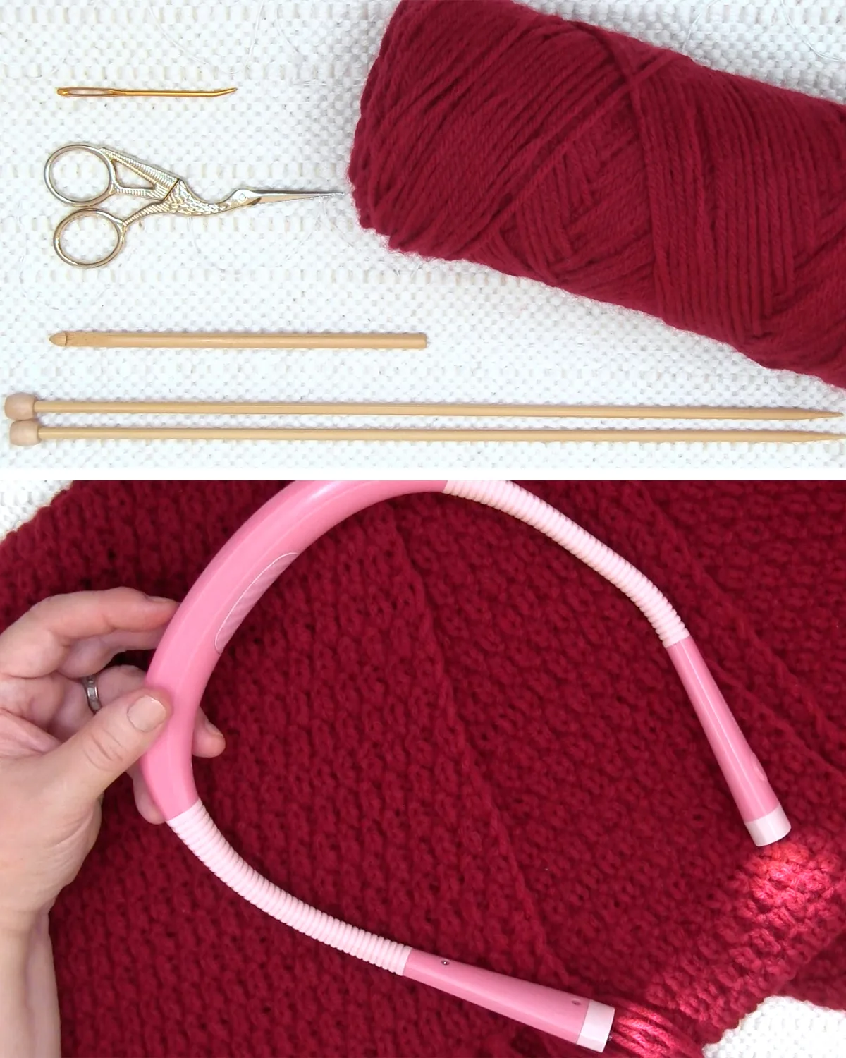 Knitting supplies of burgundy worsted yarn, knitting needles, crochet hook, scissors, tapestry needle, and reading light.