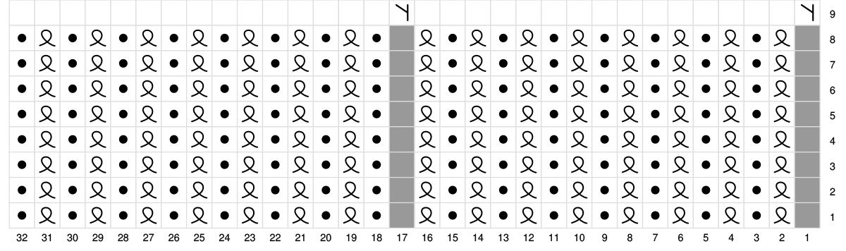 Knitting Chart Rows 1 through 9 for Brim of Heart Cable Knit Hat Pattern.