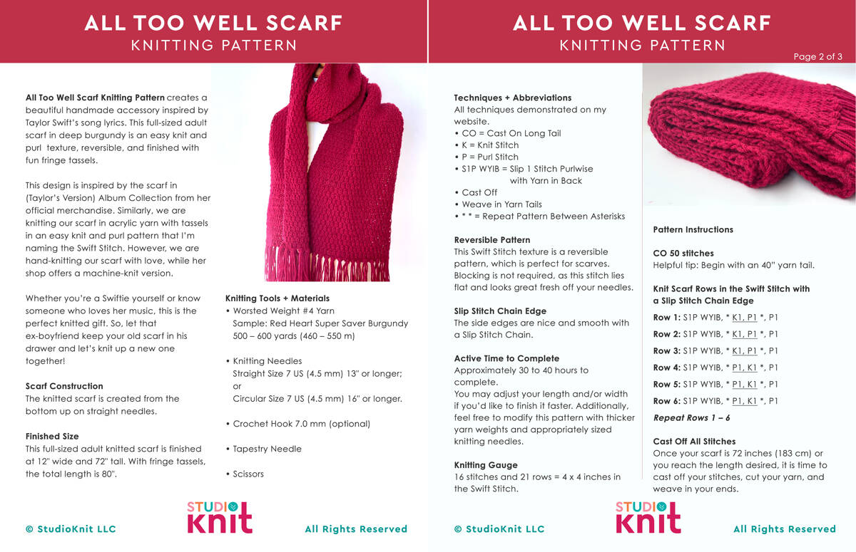 All Too Well Scarf Knitting Pattern download by Studio Knit.