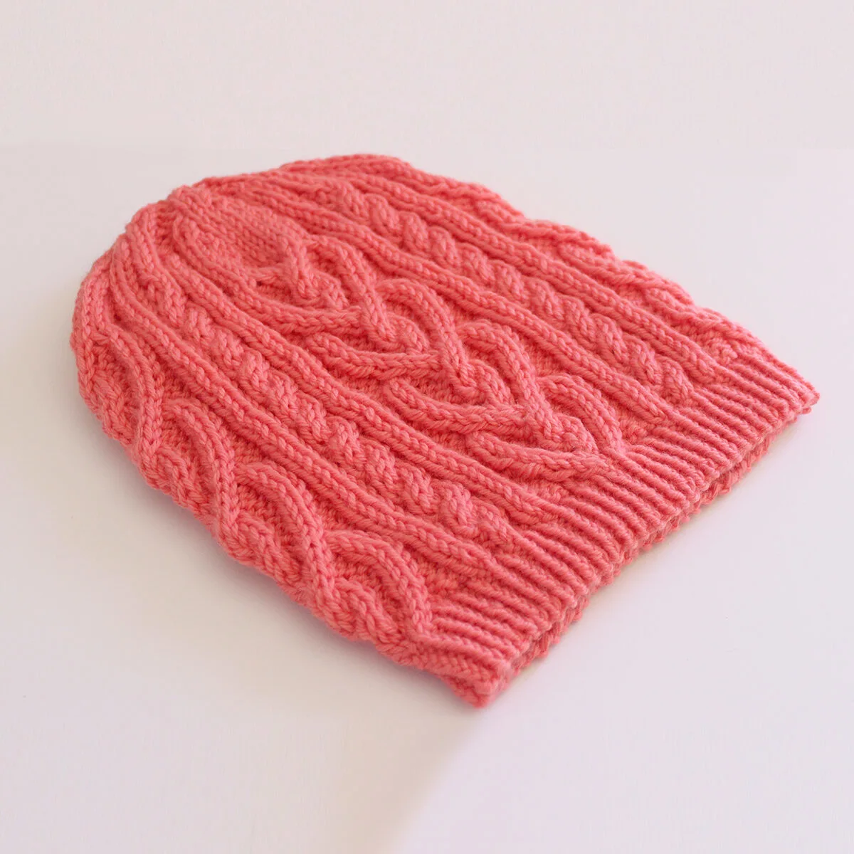 Textured detail of knitted Heart Cable Hat.