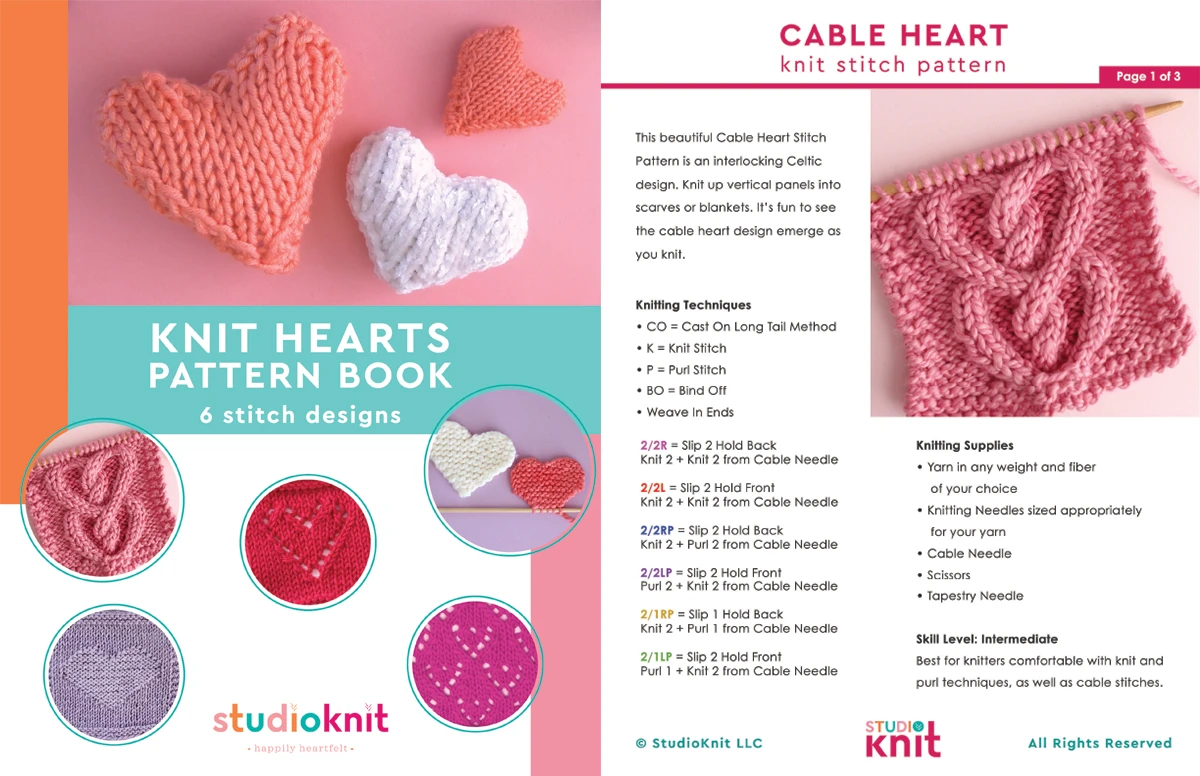 Knit Hearts Pattern Book with Cable Heart Knitting Pattern pages.