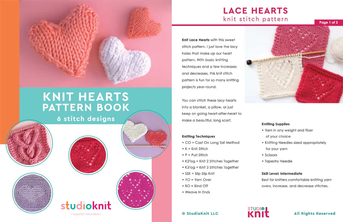 Knit Hearts Pattern Book with Lace Heart Knitting Pattern pages.