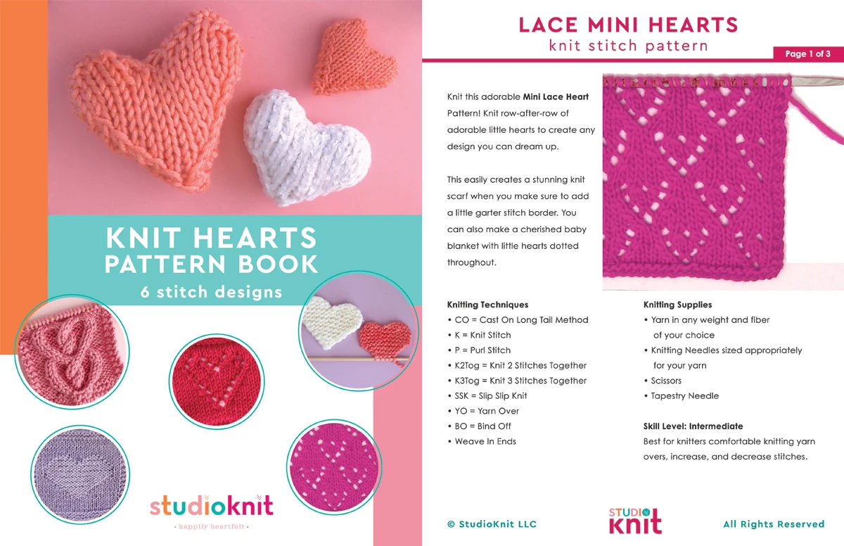 Knit Hearts Pattern Book with Mini Lace Heart Knitting Pattern pages.
