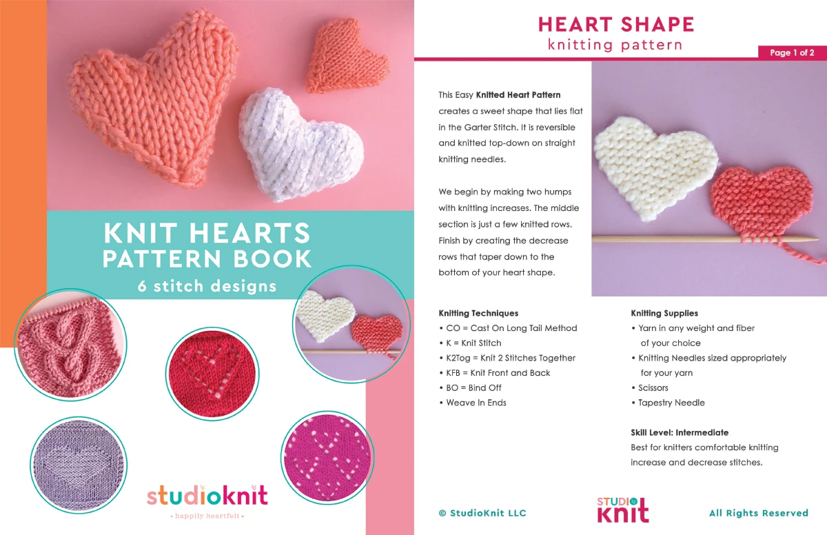 Knit Hearts Pattern Book with Heart Shape Knitting Pattern pages.